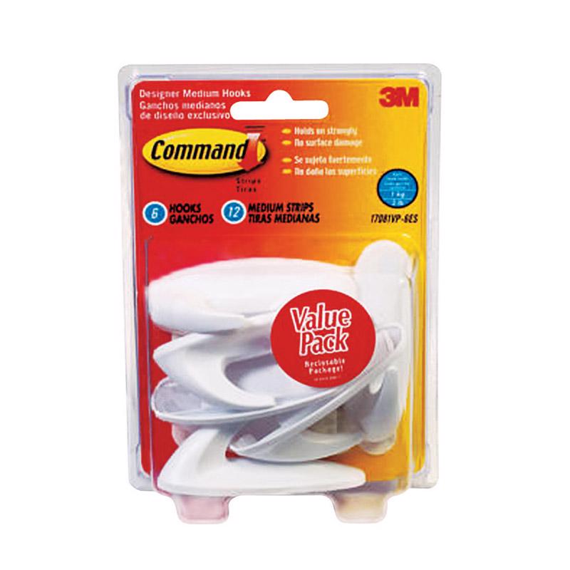 3M Command Medium Plastic Designer Hooks 3.13 in. L 6 pk