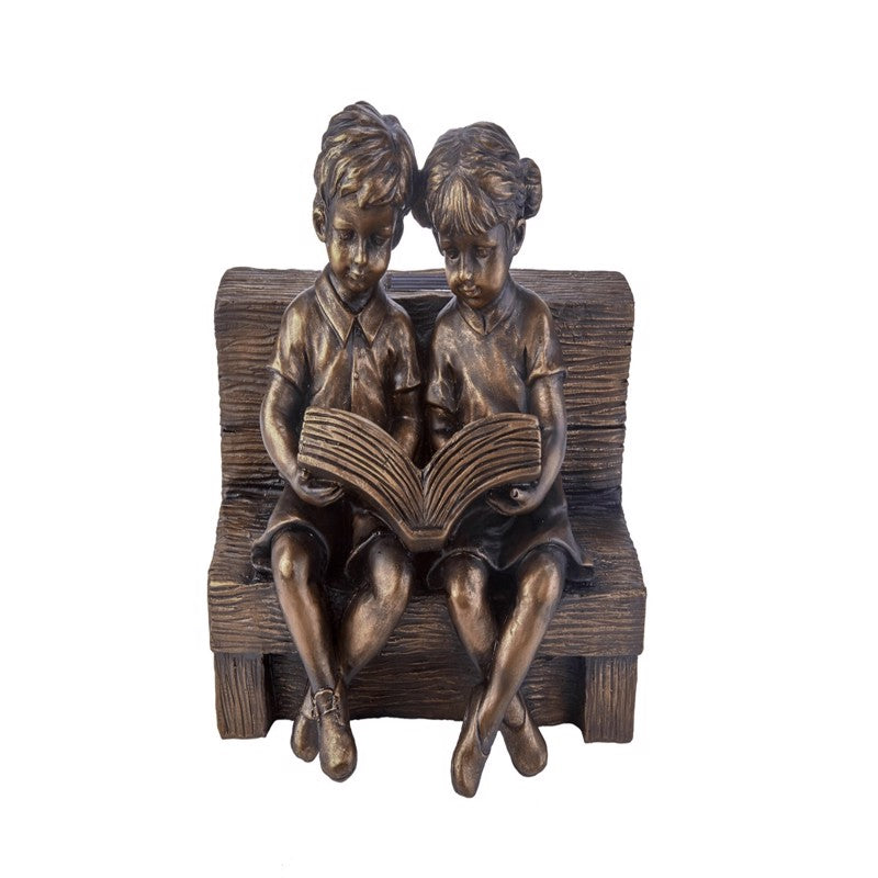 Smart Solar Resin Brown 10 in. Boy & Girl Reading a Book Statue