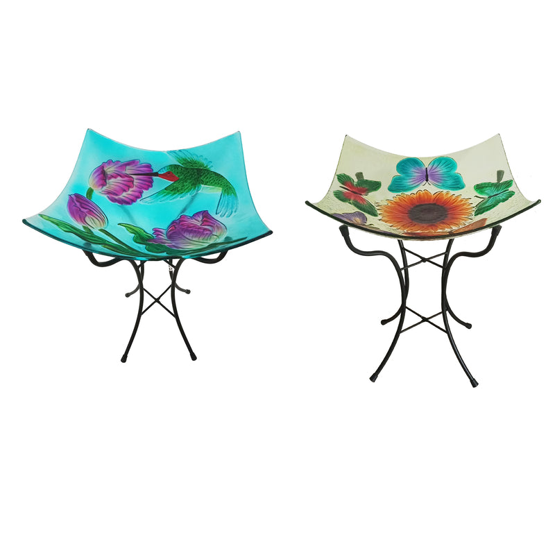Meadow Creek Assorted Glass 21 in. Square Hummingbird/Butterfly Bird Bath with Stand