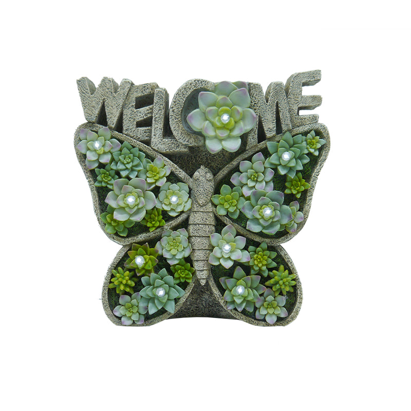 Meadow Creek Green Polyresin 10 in. H Welcome Butterfly Succulents Outdoor Solar Decor