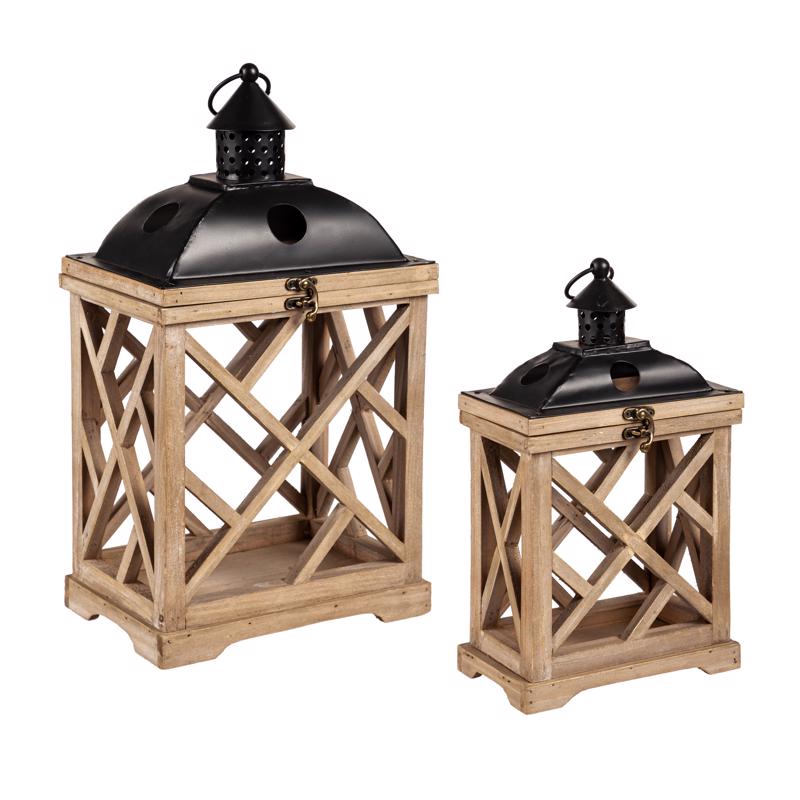 Meadowcreek Two Mantle Metal/Wood Hurricane Black/Brown Lantern