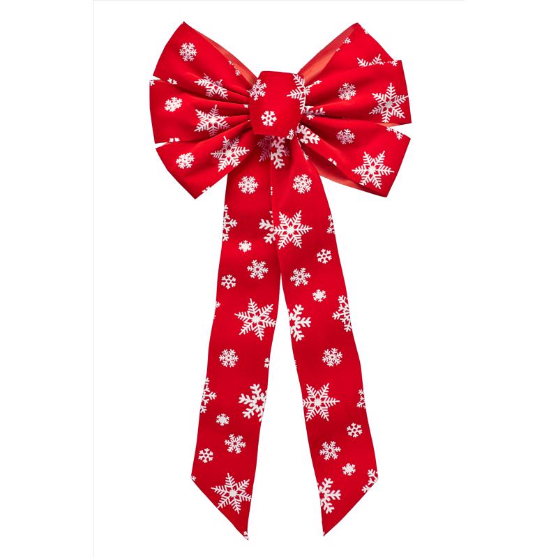Holiday Trims Red/White Snowflake Christmas Bow 26 in.