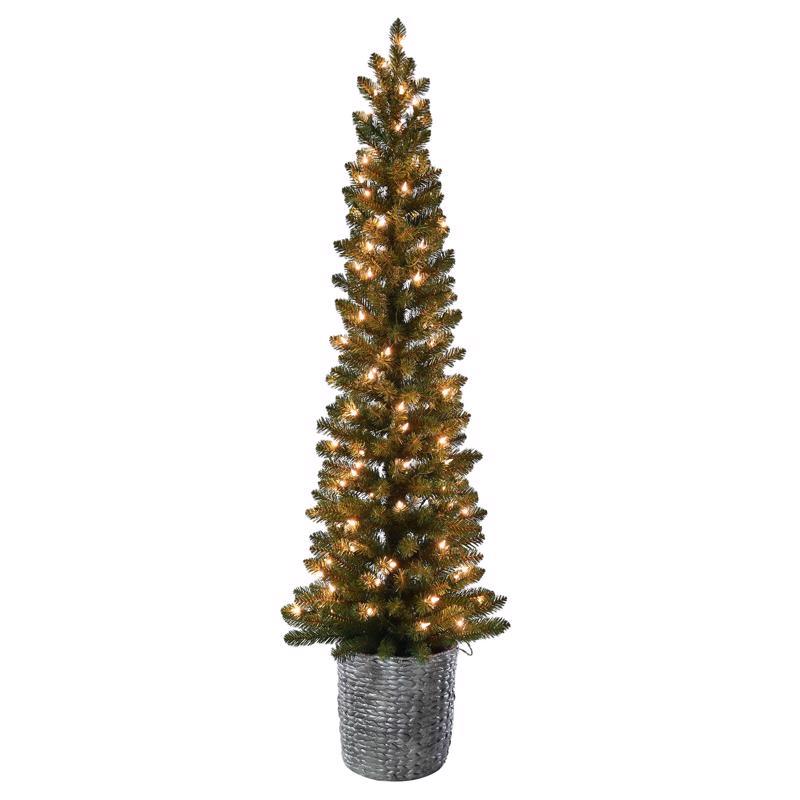 Celebrations 5 ft. Pencil LED 100 ct Green Alpine Resin Potted Christmas Tree