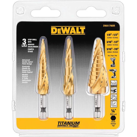 DeWalt Impact Ready Titanium Nitride Coated Step Drill Bit Set Hex Shank 3 pc