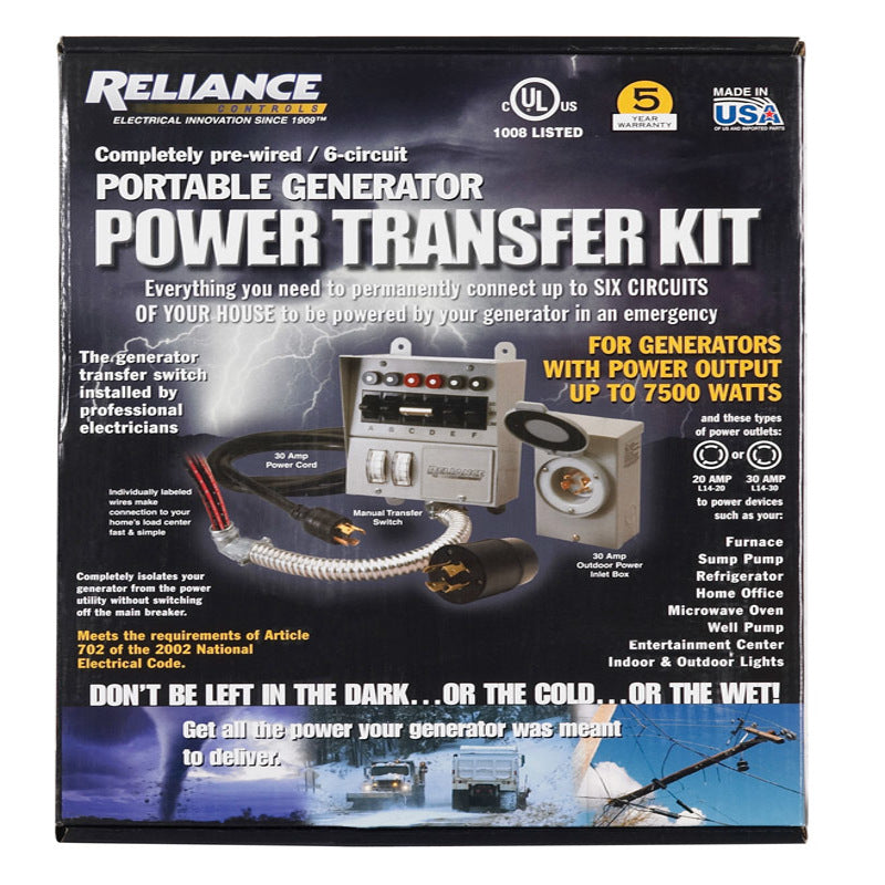 Reliance Controls 30 amps 240 V 2 space 6 circuits Surface Mount Generator Power Transfer Kit