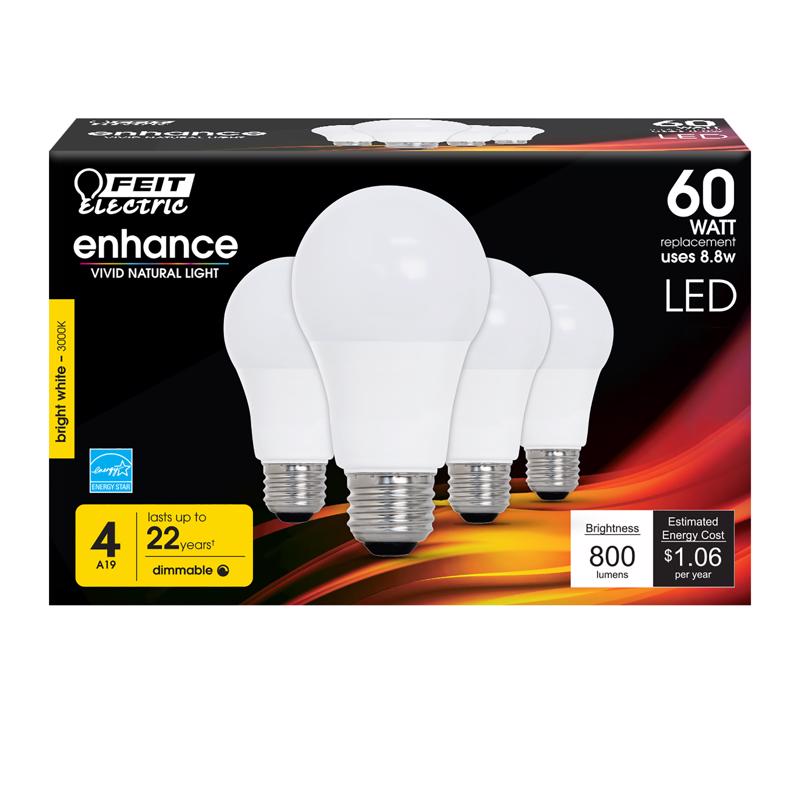 Feit A19 E26 (Medium) LED Bulb Bright White 60 Watt Equivalence 4 pk