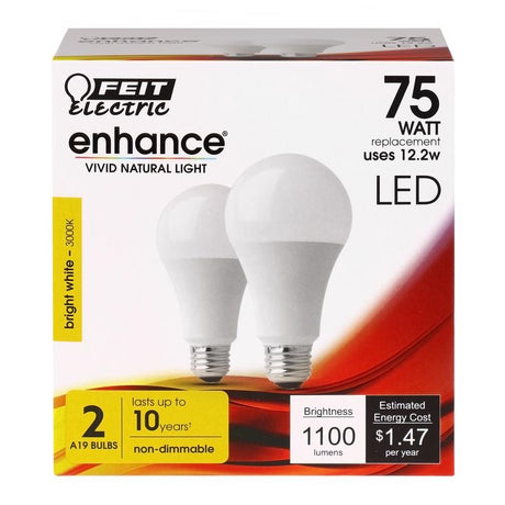 Feit Enhance A19 E26 (Medium) LED Bulb Bright White 75 Watt Equivalence 2 pk