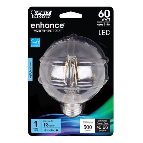 Feit Enhance G25 E26 (Medium) Filament LED Bulb Daylight 60 Watt Equivalence 1 pk