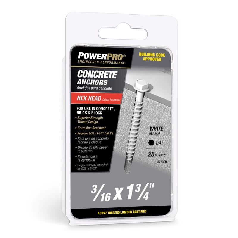 Power Pro 3/16 in. D X 1-3/4 in. L Carbon Steel Hex Head Concrete Screw Anchor 25 pc