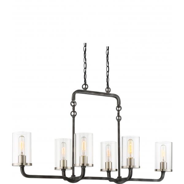 6 Light - Sherwood Island Pendant - Iron Black with Brushed Nickel Accents Finish - Clear Glass - Lamps Included