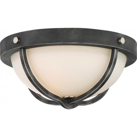 2 Light - Sherwood Flush Mount Fixture - Iron Black with Brushed Nickel Accents Finish - Frosted Etched Glass