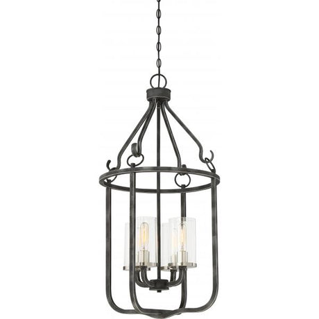 4 Light - Sherwood Caged Pendant - Iron Black with Brushed Nickel Accents Finish - Clear Glass - Lamps Included