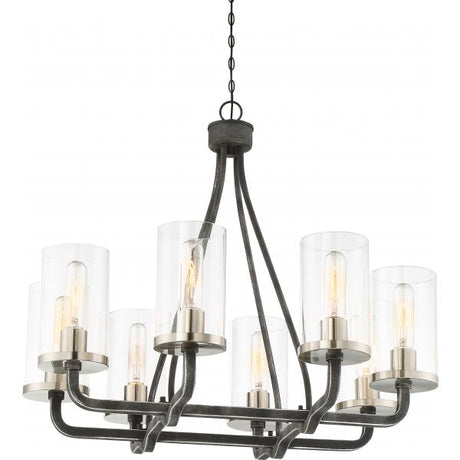 8 Light - Sherwood Chandelier - Iron Black with Brushed Nickel Accents Finish - Clear Glass - Lamps Included