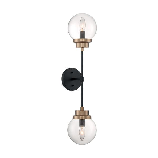 Axis - 2 Light - Wall Sconce Fixture - Matte Black Finish with Brass Accents - Clear Glass