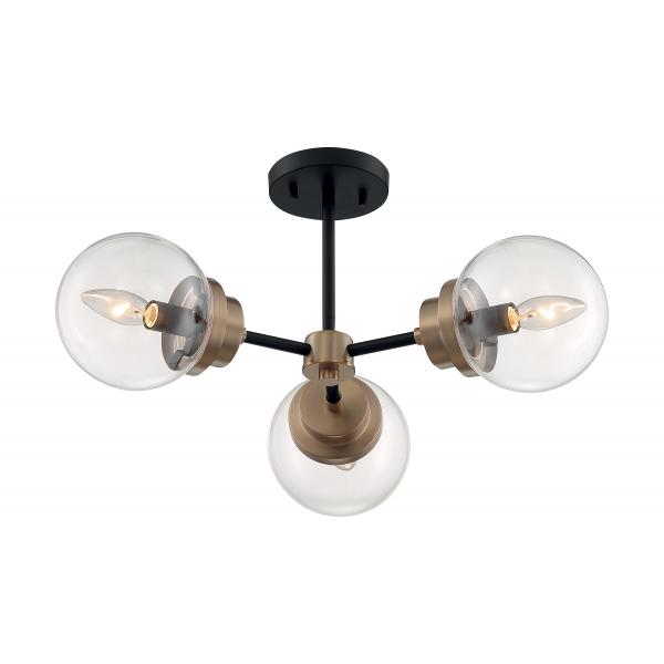 Axis - 3 Light - Semi-Flush Fixture - Matte Black Finish with Brass Accents - Clear Glass