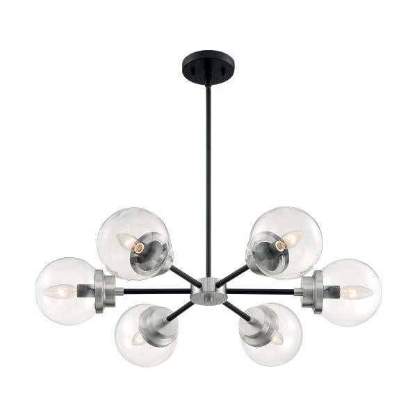 Axis - 6 Light - Chandelier Fixture - Matte Black Finish with Brushed Nickel Accents - Clear Glass