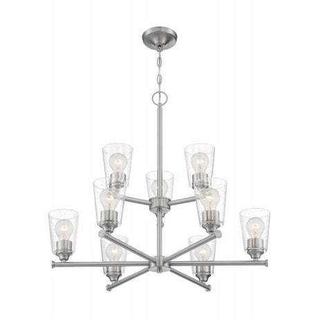 Bransel - 9 Light - Chandelier Fixture - Brushed Nickel Finish with Clear Seeded Glass