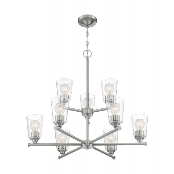 Bransel - 9 Light - Chandelier Fixture - Brushed Nickel Finish with Clear Seeded Glass