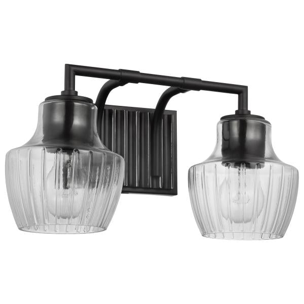 Destin - 2 Light Vanity - Medium Base - 60 Watt - Black And Silver Accent Finish - Clear Ribbed Glass