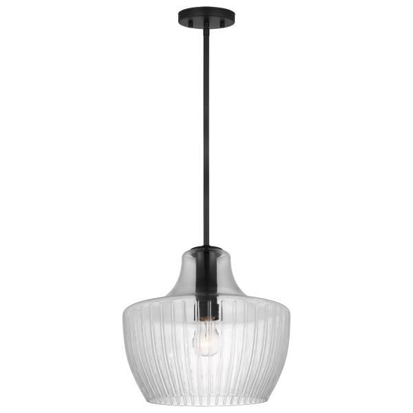 Destin - 1 Light Medium Pendant - Medium Base - Black And Silver Accent Finish - Clear Ribbed Glass