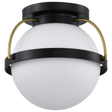 Lakeshore 1 Light Small Flush - Matte Black & Natural Brass Finish - White Opal Glass