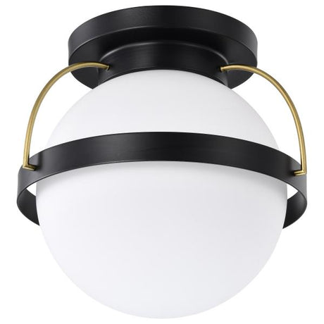 Lakeshore 1 Light Medium Flush - Matte Black & Natural Brass Finish - White Opal Glass