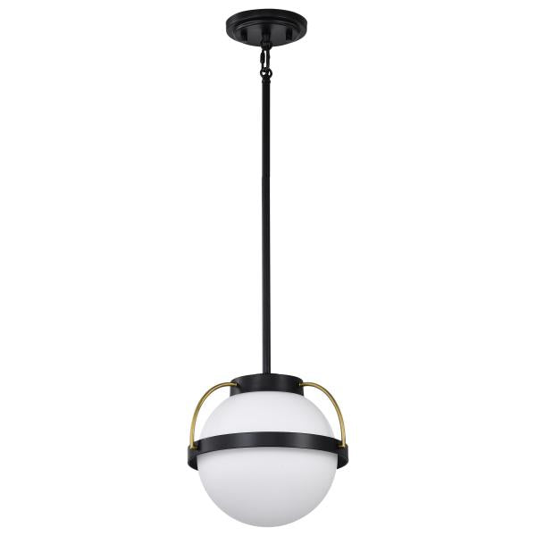 Lakeshore 1 Light Small Pendant - Matte Black & Natural Brass Finish - White Opal Glass