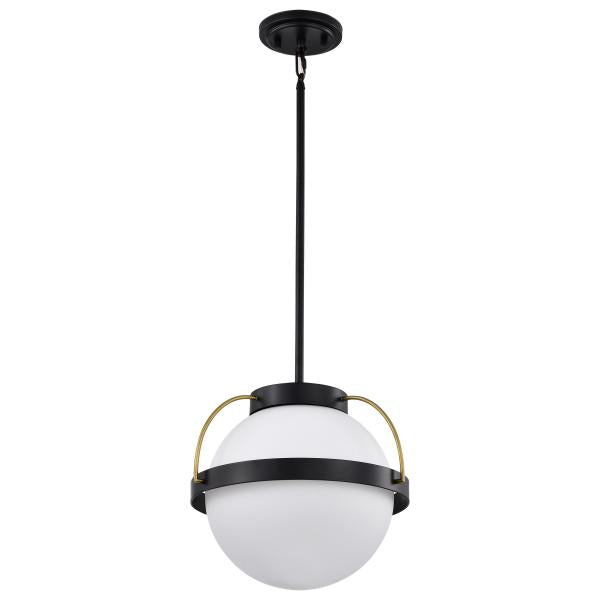 Lakeshore 1 Light Large Pendant - Matte Black & Natural Brass Finish - White Opal Glass