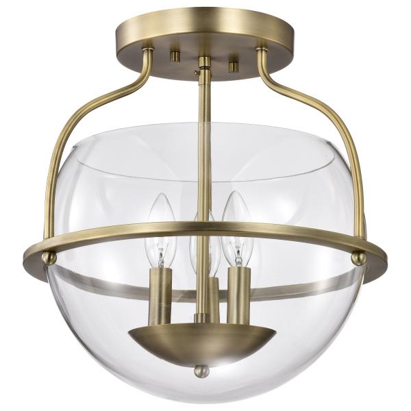 Amado 3 Light Semi Flush Mount - Vintage Brass Finish - Clear Glass