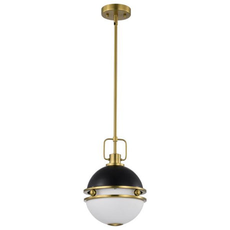 Everton 1 Light Pendant - 10 Inches - Matte Black & Brass Finish - Etched Opal Glass