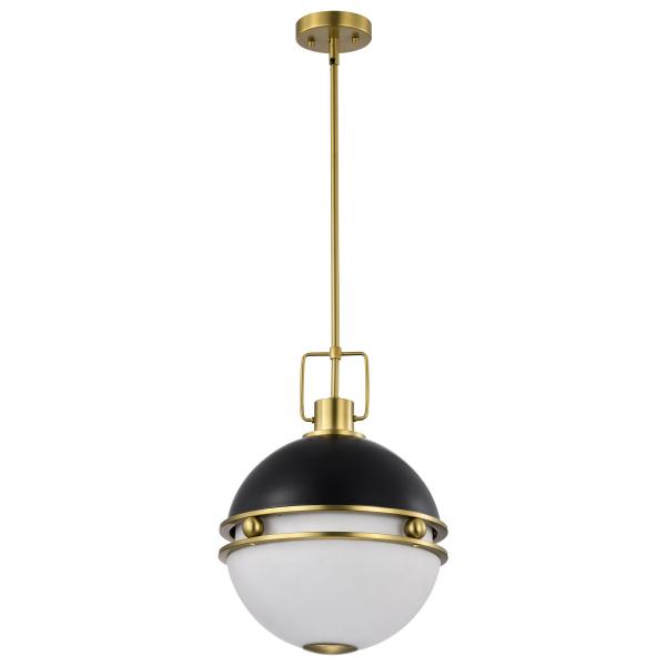 Everton 2 Light Pendant - 14 Inches - Matte Black & Brass Finish - Etched Opal Glass