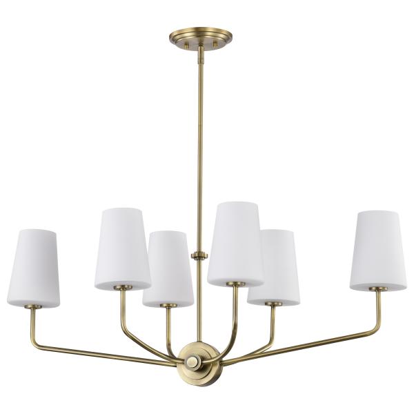 Cordello 6 Light Island Pendant - Vintage Brass Finish - Etched White Opal Glass