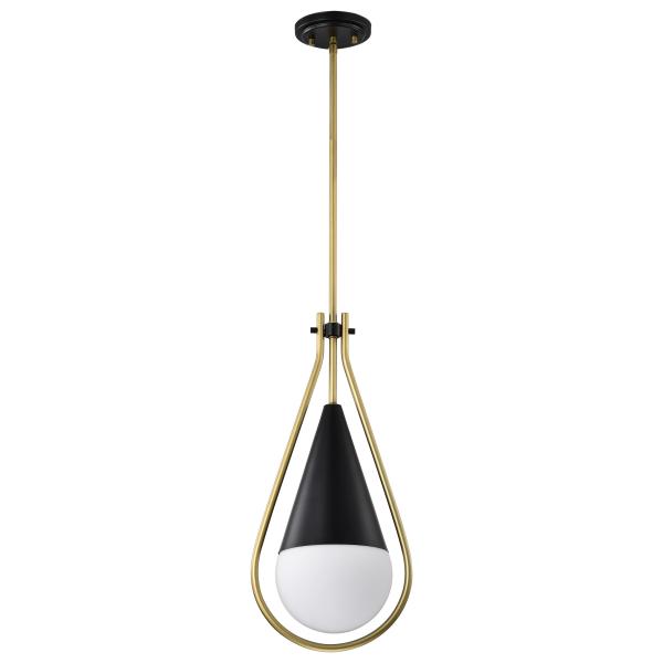 Admiral 1 Light Pendant - 6 Inches - Matte Black and Natural Brass Finish - White Opal Glass