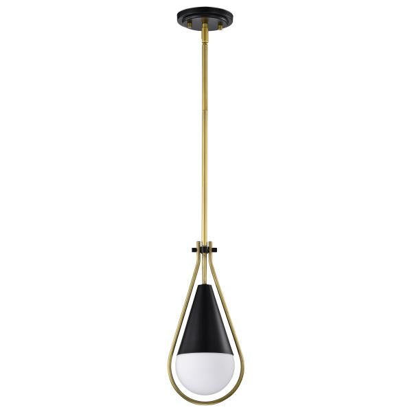 Admiral 1 Light Pendant - 10 Inches - Matte Black and Natural Brass Finish - White Opal Glass