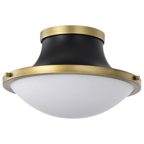 Lafayette 1 Light Flush Mount Fixture - 14 Inches - Matte Black Finish with Natural Brass Accents and White Opal Glass