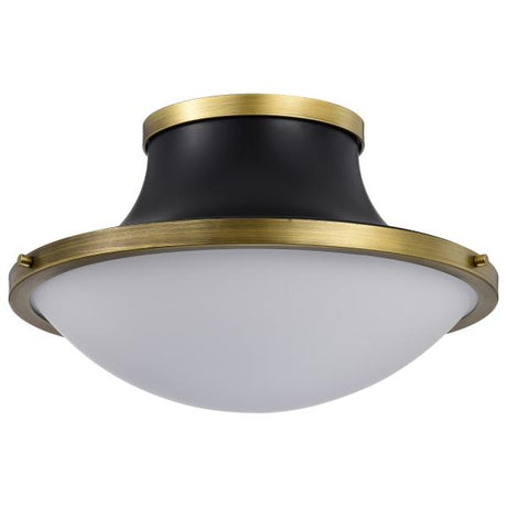 Lafayette 3 Light Flush Mount Fixture - 18 Inches - Matte Black Finish with Natural Brass Accents and White Opal Glass