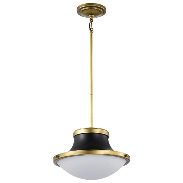 Lafayette 1 Light Pendant - 14 Inches - Matte Black Finish with Natural Brass Accents and White Opal Glass