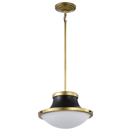 Lafayette 1 Light Pendant - 14 Inches - Matte Black Finish with Natural Brass Accents and White Opal Glass