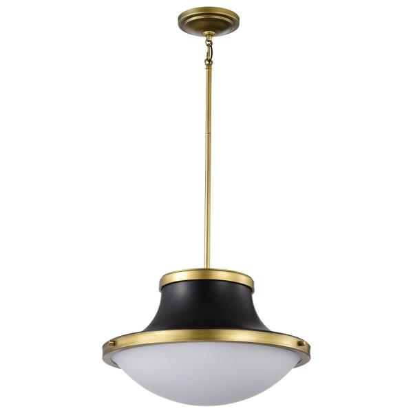 Lafayette 3 Light Pendant - 18 Inches - Matte Black Finish with Natural Brass Accents and White Opal Glass