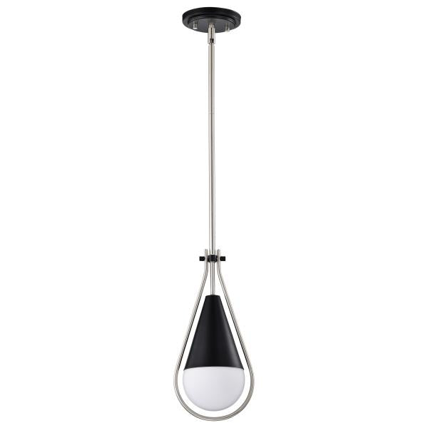 Admiral 1 Light Pendant - 6 Inches - Matte Black and Brushed Nickel Finish - White Opal Glass