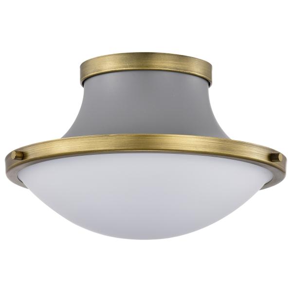 Lafayette 1 Light Flush Mount Fixture - 14 Inches - Gray Finish with Natural Brass Accents and White Opal Glass