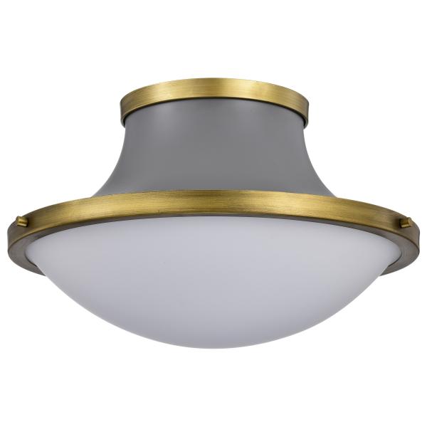 Lafayette 3 Light Flush Mount Fixture - 18 Inches - Gray Finish with Natural Brass Accents and White Opal Glass