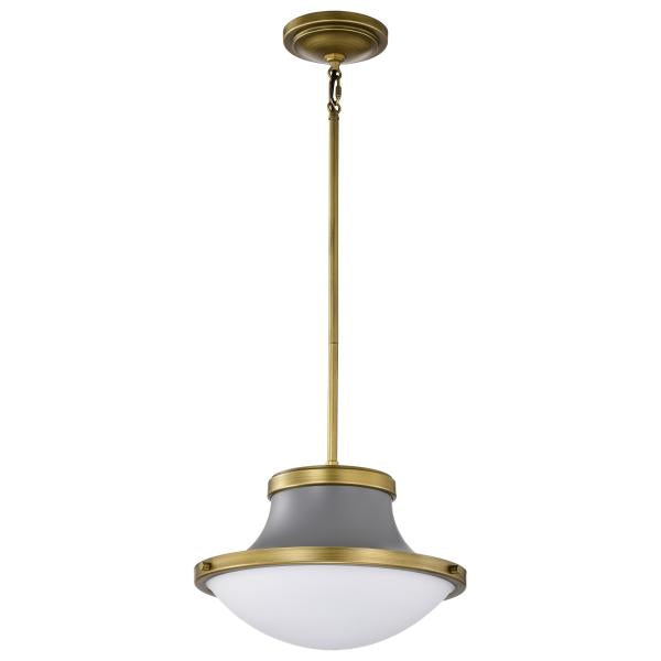 Lafayette 1 Light Pendant - 14 Inches - Gray Finish with Natural Brass Accents and White Opal Glass