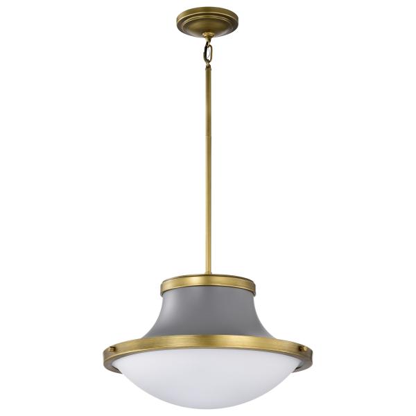 Lafayette 3 Light Pendant - 18 Inches - Gray Finish with Natural Brass Accents and White Opal Glass