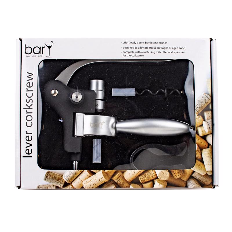 BarY3 Black/Silver Stainless Steel Lever Corkscrew Set