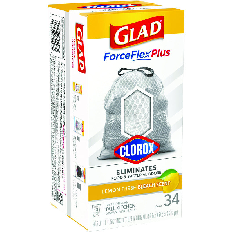 Glad Force Flex Plus 13 gal Lemon Scent Tall Kitchen Bags Drawstring 34 pk 0.82 mil