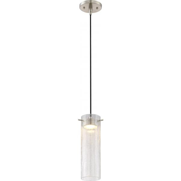 Pulse - LED Mini Pendant with Clear Crackle Glass - Brushed Nickel Finish