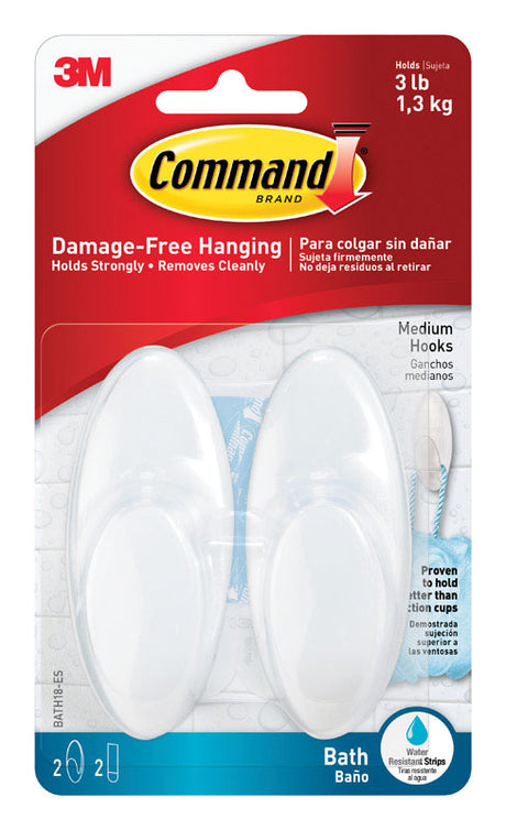 3M Command Medium Plastic Bath Hook 3.375 in. L 2 pk