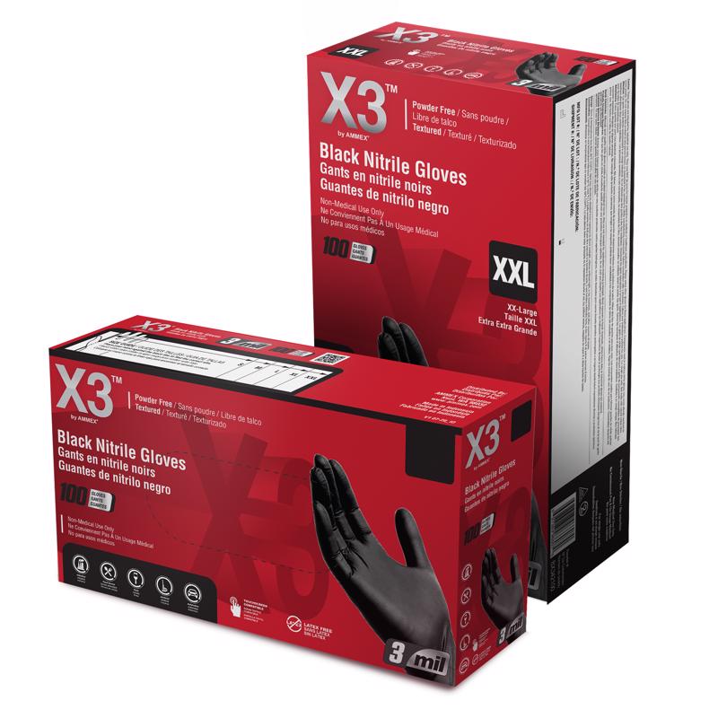 X3 Nitrile Disposable Gloves Large Black Powder Free 100 pk