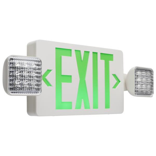 Combination Green Exit Sign/Emergency Light, 90min Ni-Cad backup, 120/277V, Dual Head, Single/Dual Face, Universal Mounting